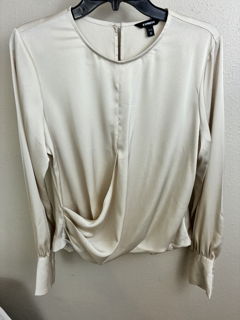Express Beige Satin Pleated Long Sleeve Blouse with Crew Neck Draped Front M